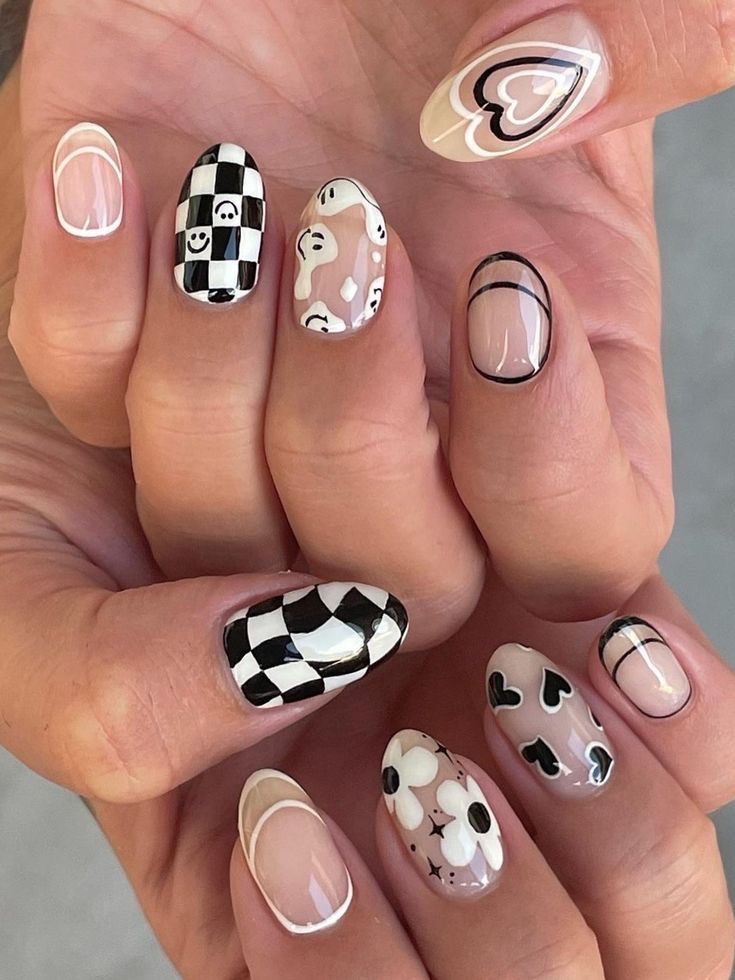 black and white checkerboard nail art