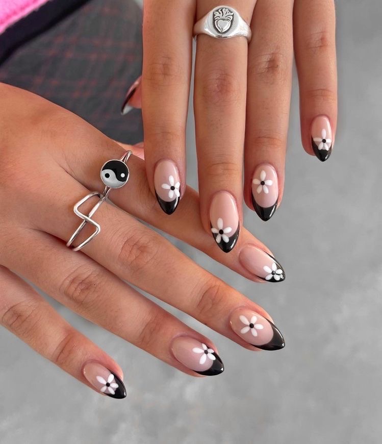 black and white floral nail art